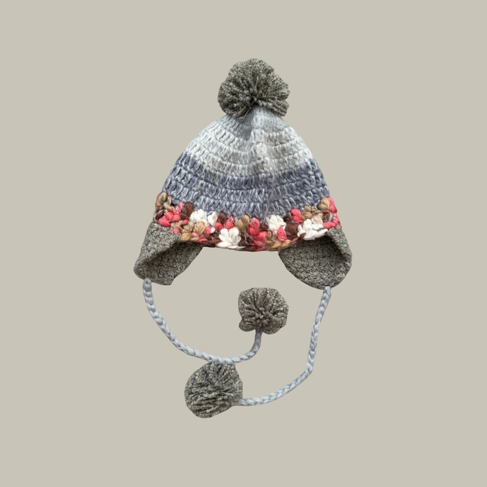 Handmade Crochet Earflap Beanie Pom Pom Boho Gorpcore‎ Grey Multi Knit Hat OS
